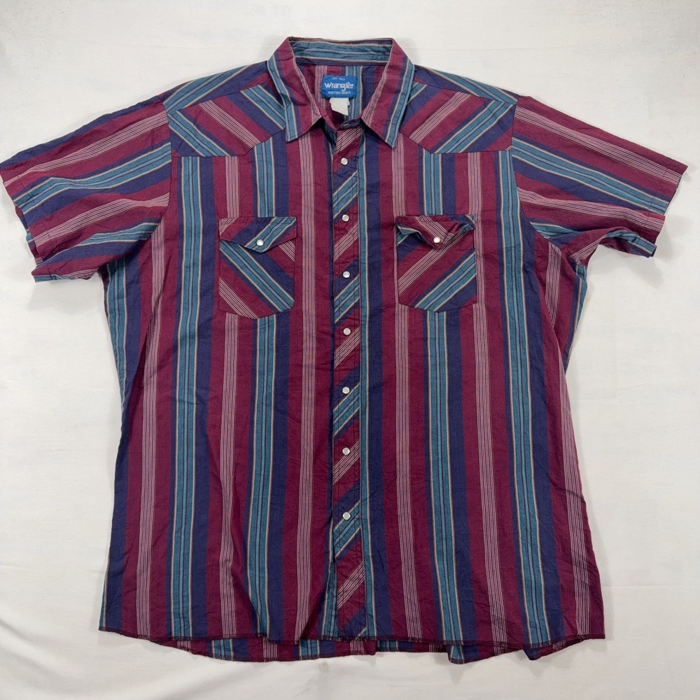 VTG Wrangler Western Shirt Pearl Snap Striped Short Sleeve 2XT Tall Maroon Blue‎